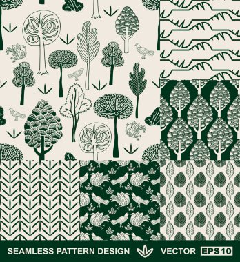 Retro style monochrome vector seamless pattern, fabric, wallpaper, wrapping and background set with bird, tree, leaf, flower and geometric ornaments - summer and spring theme for decoration and design clipart