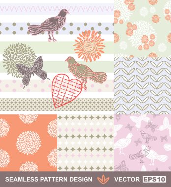 Retro style vector seamless fabric, pattern, wallpaper, wrapping and background set with bird, butterfly, flower, heart and geometric ornaments - summer theme for decoration and design clipart