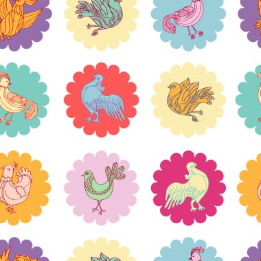 Abstract background with birds, colorful vector wallpapers, trendy seamless patterns, creative fabrics, retro wrappings with graphic birds, geometric flowers ornaments; Summer, spring theme for design clipart