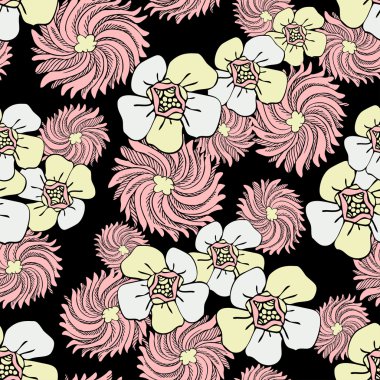 Abstract flowers background, colorful vector wallpaper, fashion seamless pattern, creative fabric, retro wrapping with graphic flower ornaments - summer and spring theme for decoration and design clipart