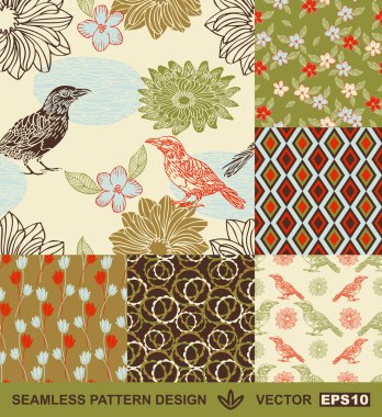 Abstract birds backgrounds set, graphic flowers vector wallpapers, seamless patterns, fabrics and wrappings with geometric ornaments; summer, spring and autumn theme decoration and design clipart