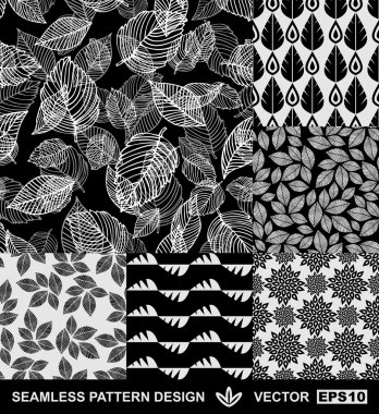 Abstract backgrounds set, monochrome vector wallpapers, black and white seamless patterns, fabrics and wrappings with graphic flowers, leafs, and geometric damask ornaments -summer, spring and autumn clipart