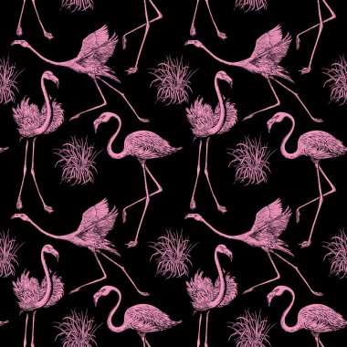 Abstract birds background, fashion seamless pattern, monochrome vector wallpaper, vintage fabric, creative black, pink wrapping with graphic flamingos ornaments - summer and spring theme for design clipart