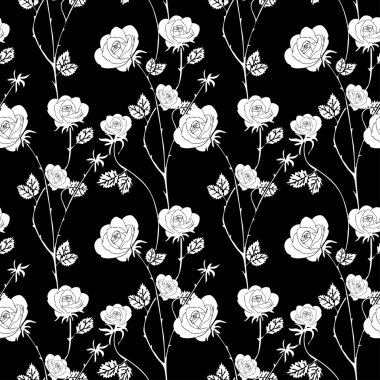 Abstract roses background, vintage seamless pattern, vector wallpaper, retro fabric and wrapping with graphic white roses and leafs, summer, spring style for decoration and design clipart