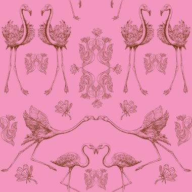 Abstract birds background, fashion seamless pattern, vintage vector wallpaper, monochrome fabric and creative wrapping with graphic flamingos, leafs ornaments - summer and spring theme for design clipart