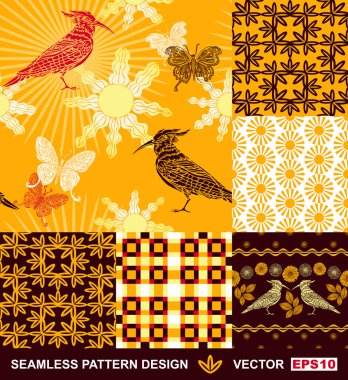 Abstract backgrounds set, seamless fashion patterns, vector wallpapers, graphic flowers, bird, sun, butterfly; fabrics, wrappings with geometric ornaments; summer, spring and autumn theme for design clipart