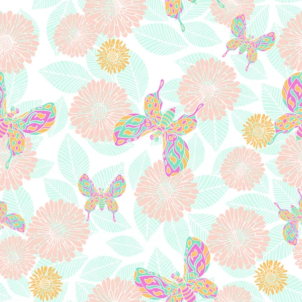 Retro style vector seamless pattern, fabric, wallpaper, wrapping and background with flower, leaf and butterfly ornaments - summer and spring theme for decoration and design — Stock Vector