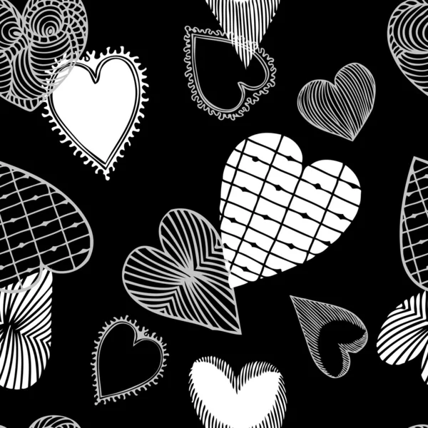 Fondo abstracto con corazones retro, papel pintado vectorial creativo, patrón sin costuras de moda, tela y envoltura en blanco y negro con adornos gráficos - tema de amor para el diseño — Vector de stock