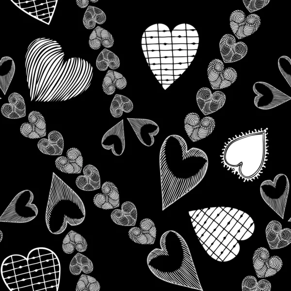 Fundo abstrato com corações retro, papel de parede vetorial criativo, padrão sem costura de moda, tecido e envoltório preto e branco com ornamentos gráficos - tema de amor para design —  Vetores de Stock