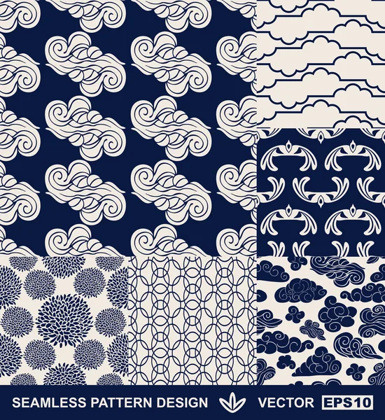 Retro style monochrome vector seamless fabric, pattern, wallpaper, wrapping and background set with vintage clouds, birds, flowers and geometric ornaments for decoration and design — Stock Vector
