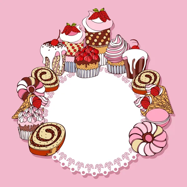 Retro kort bakgrund med kakor, vintage ram, inbjudan, hälsning med cupcakes för design — Stock vektor