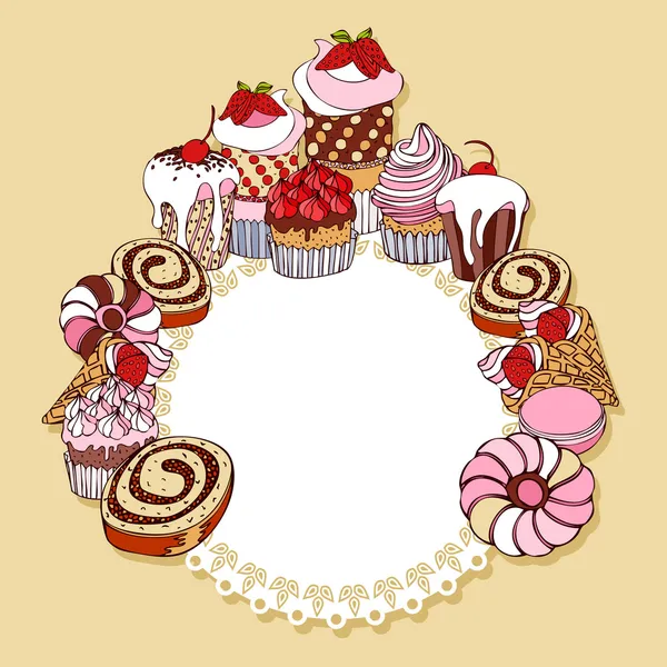 ケーキ、ビンテージ フレーム、招待状は、設計のためのカップケーキと挨拶とレトロなカードの背景 — ストックベクタ