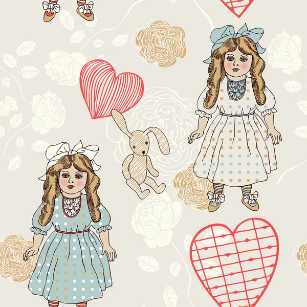 Ретро стиль вектор бесшовные ткани, шаблон, обои, обертывание и фон с винтажными игрушками - красивая кукла, кролик, цветок, сердце и лист для украшения и дизайна — стоковый вектор