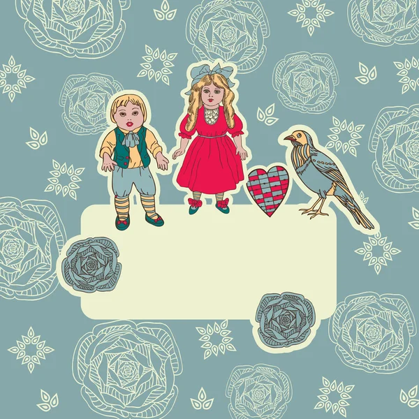 Carte de vœux créative de style rétro avec jouets vintage, fleurs, oiseaux et ornements pour la décoration et le design — Image vectorielle