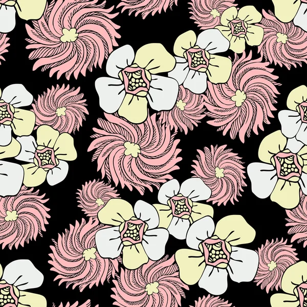 Abstraktní květiny pozadí, barevné vektorové wallpaper, módní vzor bezešvé, tvůrčí tkaniny, retro obal s grafické květina ozdoby - letní a jarní motiv pro dekorace a design — Stockový vektor
