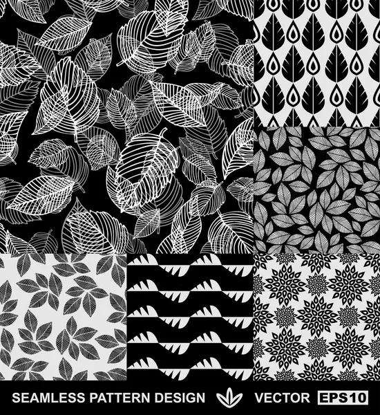 Abstraktní pozadí nastavena, monochromatické vektor tapety, černé a bílé bezešvé vzory, tkaniny a obaly s grafické květy, listy a geometrické Damašek ozdoby - léto, jaro a podzim — Stockový vektor