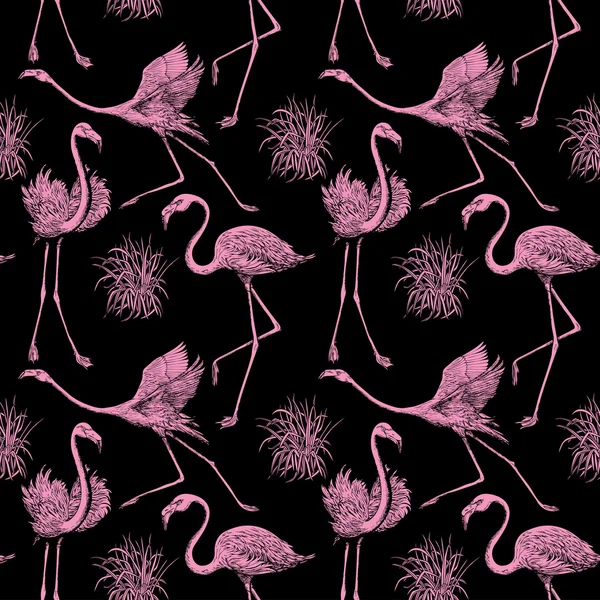 Fundo de pássaros abstratos, padrão sem costura de moda, papel de parede vetorial monocromático, tecido vintage, preto criativo, envoltório rosa com ornamentos gráficos de flamingos - tema de verão e primavera para design — Vetor de Stock