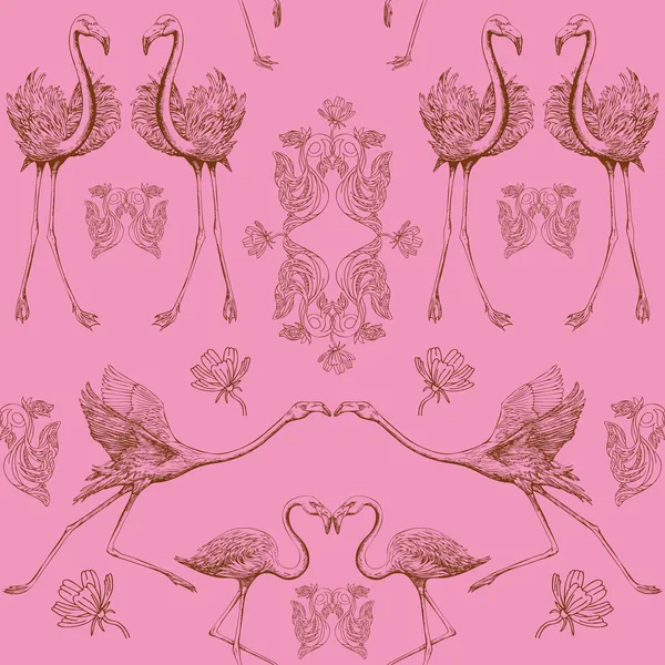 Fondo de aves abstracto, patrón sin costuras de moda, fondo de pantalla de vector vintage, tela monocromática y envoltura creativa con flamencos gráficos, adornos de hojas - tema de verano y primavera para el diseño — Archivo Imágenes Vectoriales