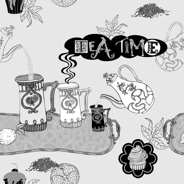 Абстрактный фон, векторные обои с чаепитием, монохромный бесшовный узор, черно-белая ткань и обертывание графическим чаем, чашкой, тортом, чайником, лимоном, подносом, цветочным и листовым орнаментом для дизайна — стоковый вектор