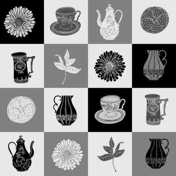Abstract background, tea time vector wallpaper, monochrome seamless pattern, black and white fabric and wrapping with graphic tea, cup, flower, teapot, lemon and leaf ornaments for design — Stock Vector