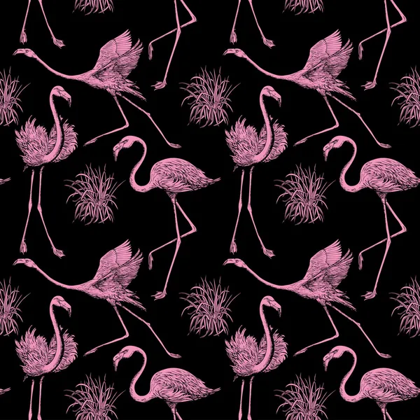 Abstrakta fåglar bakgrund, mode seamless mönster, monokrom vektor tapeter, vintage tyg, kreativ svart, rosa omslag med grafisk flamingor ornament - sommaren och våren tema för design — Stock vektor