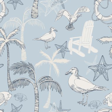 Abstract sea background, beach theme fashion seamless pattern, beautiful exotic vector wallpaper, vintage fabric, blue wrapping with seagull and palm ornaments - summer, maritime theme for design clipart