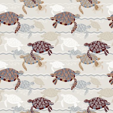 Abstract ocean background, sea and beach theme, fashion retro seamless pattern, exotic vector wallpaper, beautiful vintage fabric, wrapping with turtle and fish ornaments for design clipart