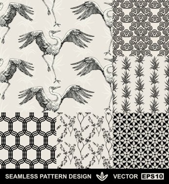 Abstract backgrounds set, fashion seamless patterns, vector wallpapers, vintage and monochrome fabrics with dancing stork, graphic birds, flowers, leafs and geometric ornaments, Japan style for design clipart