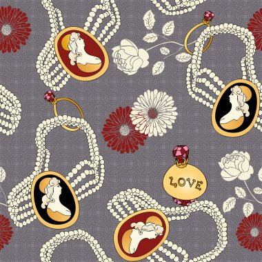 Abstract background with antique cameo, fashion seamless pattern, luxury vintage wallpaper, retro fabric, vector wrapping with graphic beautiful flower, pearls, perfume and jewelry for design clipart