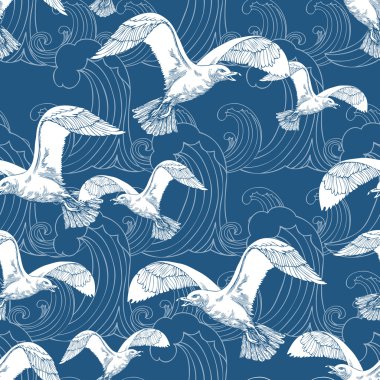 Abstract sea background, beach theme fashion seamless pattern, monochrome exotic vector wallpaper, vintage fabric, blue wrapping with seagull and wave ornaments - summer, maritime theme for design clipart