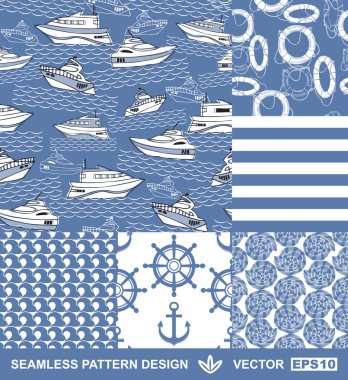 Abstract sea backgrounds set, monochrome fashion seamless patterns, blue vector wallpapers, creative retro fabrics, fantasy wrappings - summer, maritime theme for design clipart