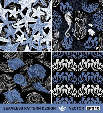 Underwater abstract backgrounds set, sea theme fashion seamless patterns, beautiful vector wallpapers, exotic fabrics, wrapping with seahorses, shells, starfish and corals ornaments for design clipart