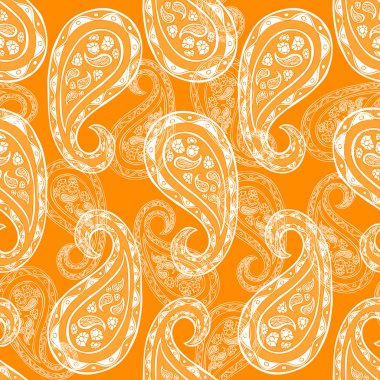 Abstract paisley background, fashion seamless pattern, monochrome vector wallpaper, Indian style orange, white fabric, vintage wrapping with graphic paisley ornaments -summer, spring theme for design clipart