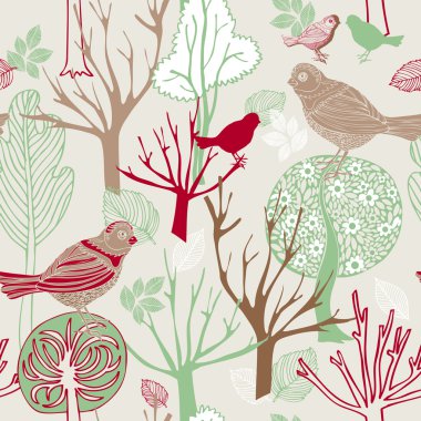 Abstract birds background, fashion seamless pattern, retro vector wallpaper, vintage fabric, creative pastel wrapping with graphic birds and trees ornaments - summer, autumn, spring theme for design clipart