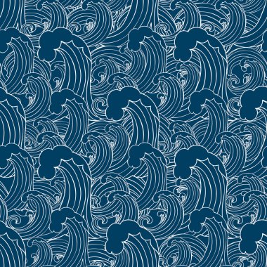 Abstract sea background, wave theme fashion seamless pattern, monochrome vector wallpaper, creative vintage fabric, fantasy blue wrapping with wave ornaments - summer, maritime theme for design clipart