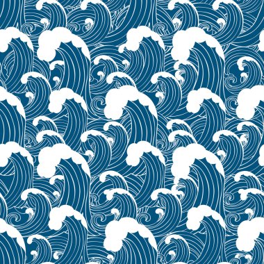 Abstract sea background, wave theme fashion seamless pattern, monochrome vector wallpaper, creative vintage fabric, fantasy blue wrapping with wave ornaments - summer, maritime theme for design clipart