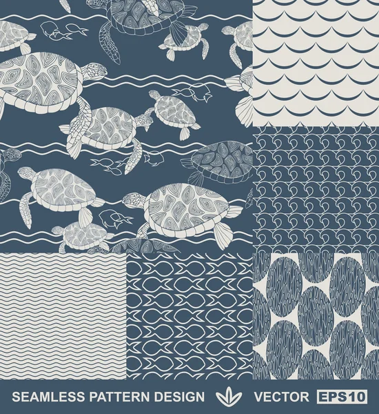 Abstract ocean backgrounds set, sea and beach theme, fashion retro seamless pattern, monochrome vector wallpaper, beautiful vintage fabric, blue wrapping; turtle, fish geometric ornaments for design — Stock Vector