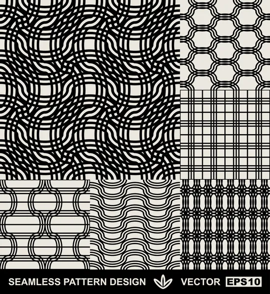 Abstract backgrounds set, geometric seamless patterns, damask ornaments, monochrome vector wallpapers, fashion fabrics and arabesque wrappings with graphic elements for design — Stock Vector
