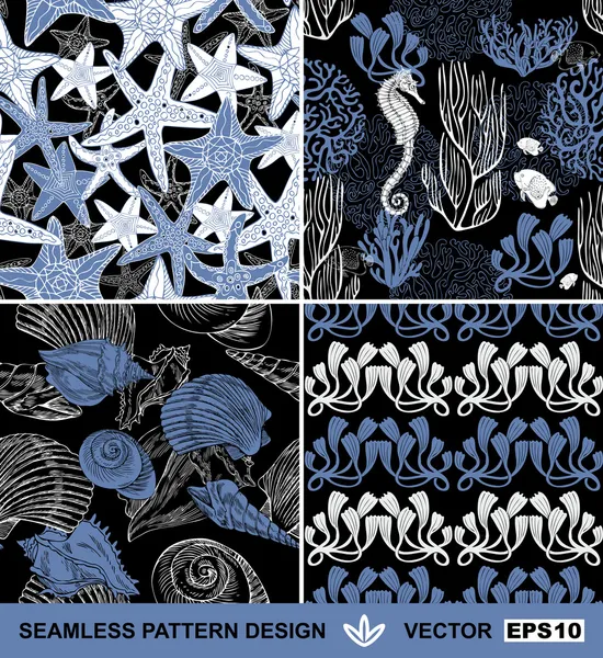 Подводный набор абстрактных фонов, модная тематика бесшовные узоры, красивые векторные обои, экзотические ткани, обертывание морскими коньками, раковинами, морскими звездами и кораллами орнаменты для дизайна — стоковый вектор