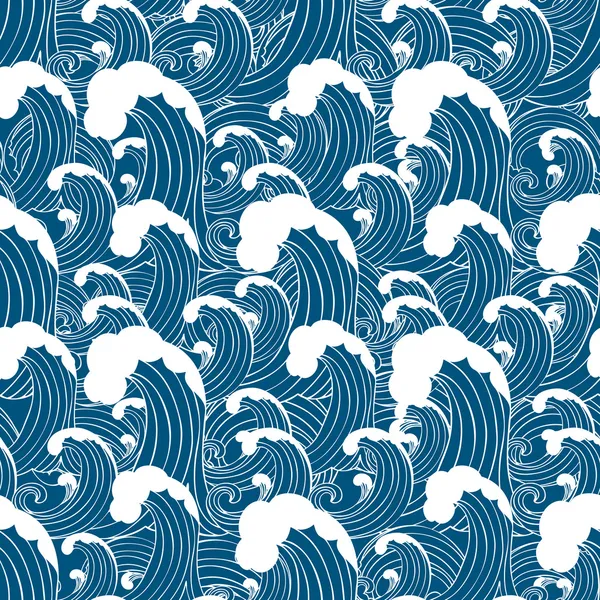 Fondo de mar abstracto, patrón inconsútil de moda de tema de onda, fondo de pantalla vectorial monocromático, tela vintage creativa, envoltura azul de fantasía con adornos de olas - verano, tema marítimo para el diseño — Vector de stock