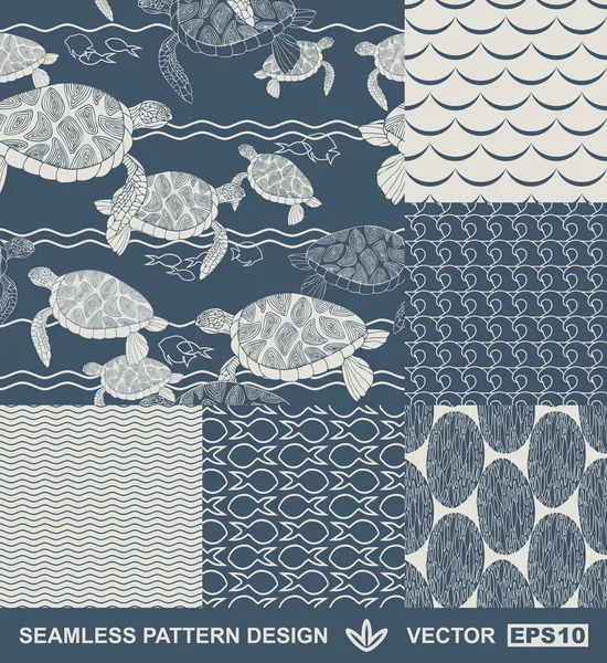 Набор абстрактных океанских декораций, морская и пляжная тематика, модный ретро-узор, монохромные векторные обои, красивый винтаж, голубая обертка; черепаха, геометрические орнаменты рыб для дизайна — стоковый вектор