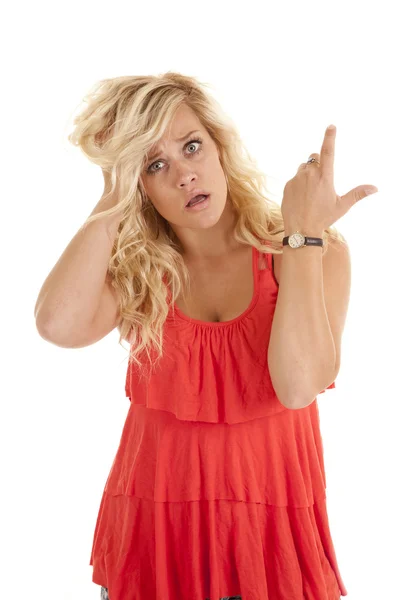 Woman frustrated red top — Stock Photo, Image