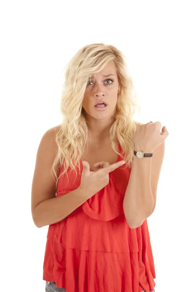 Woman pointing at watch — Stock Photo, Image