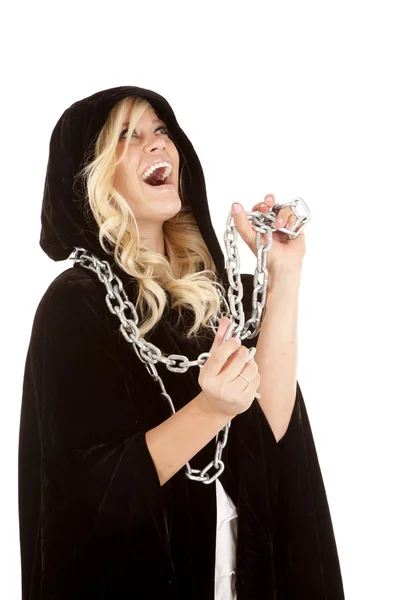 Kvinna kappa kedja skrattar — Stockfoto