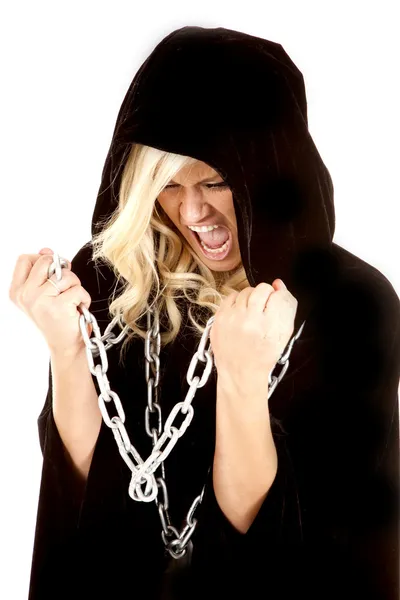Woman cloak chain screaming — Stock Photo, Image