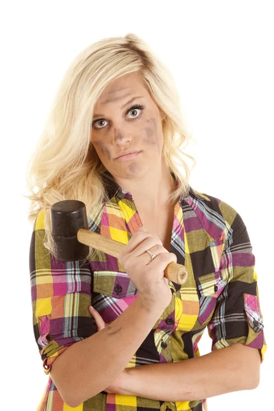Woman with rubber mallet serious — Stock Photo, Image