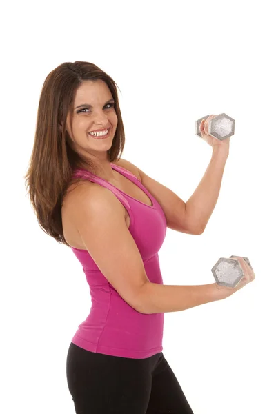 Pink tank weights side smile big — Stock Photo, Image