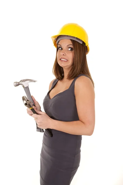 Woman hard hat tools yikes — Stock Photo, Image