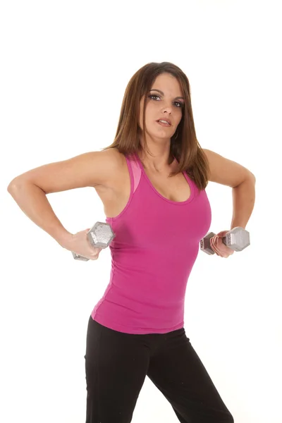 Woman weights lifted pink tank — Stock Photo, Image