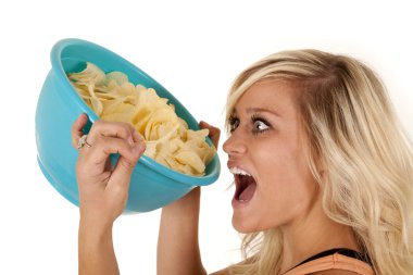 Woman dumping bowl of chips clipart